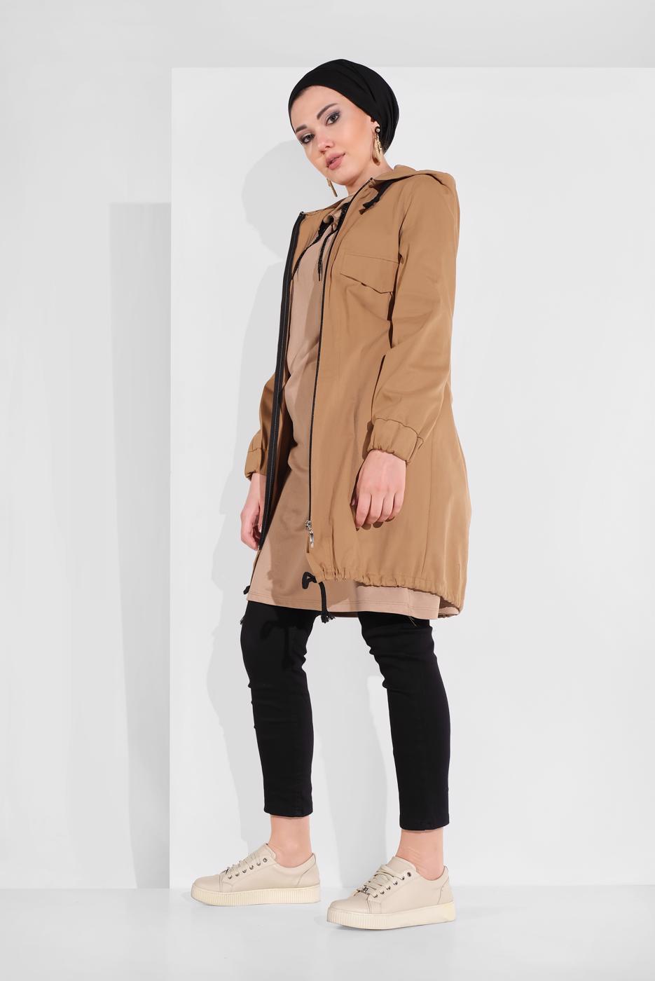 Tesettür giyim TABA CEP DETAYLI ETEK UCU LASTİKLİ TRENÇKOT 78107