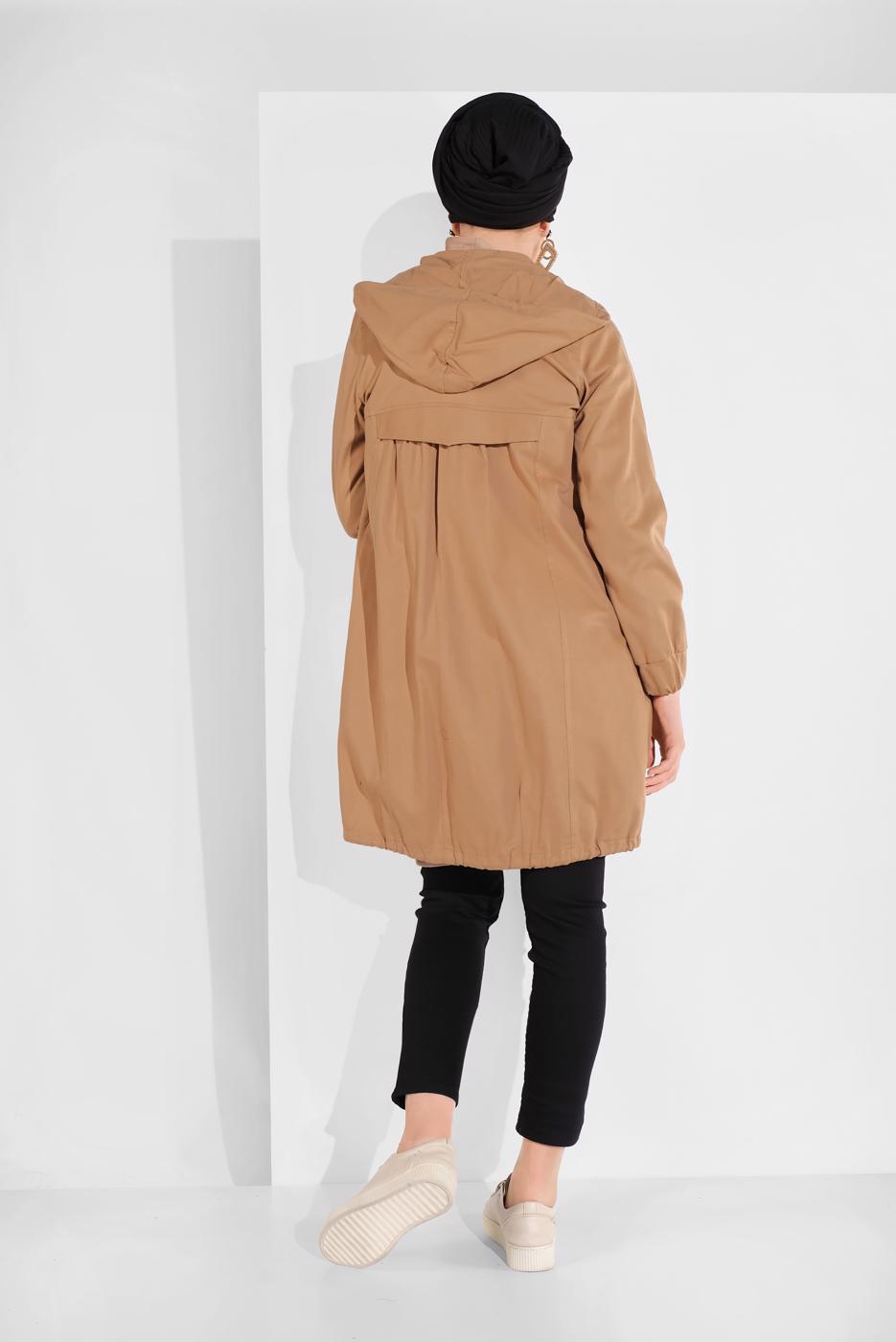 Tesettür giyim TABA CEP DETAYLI ETEK UCU LASTİKLİ TRENÇKOT 78107