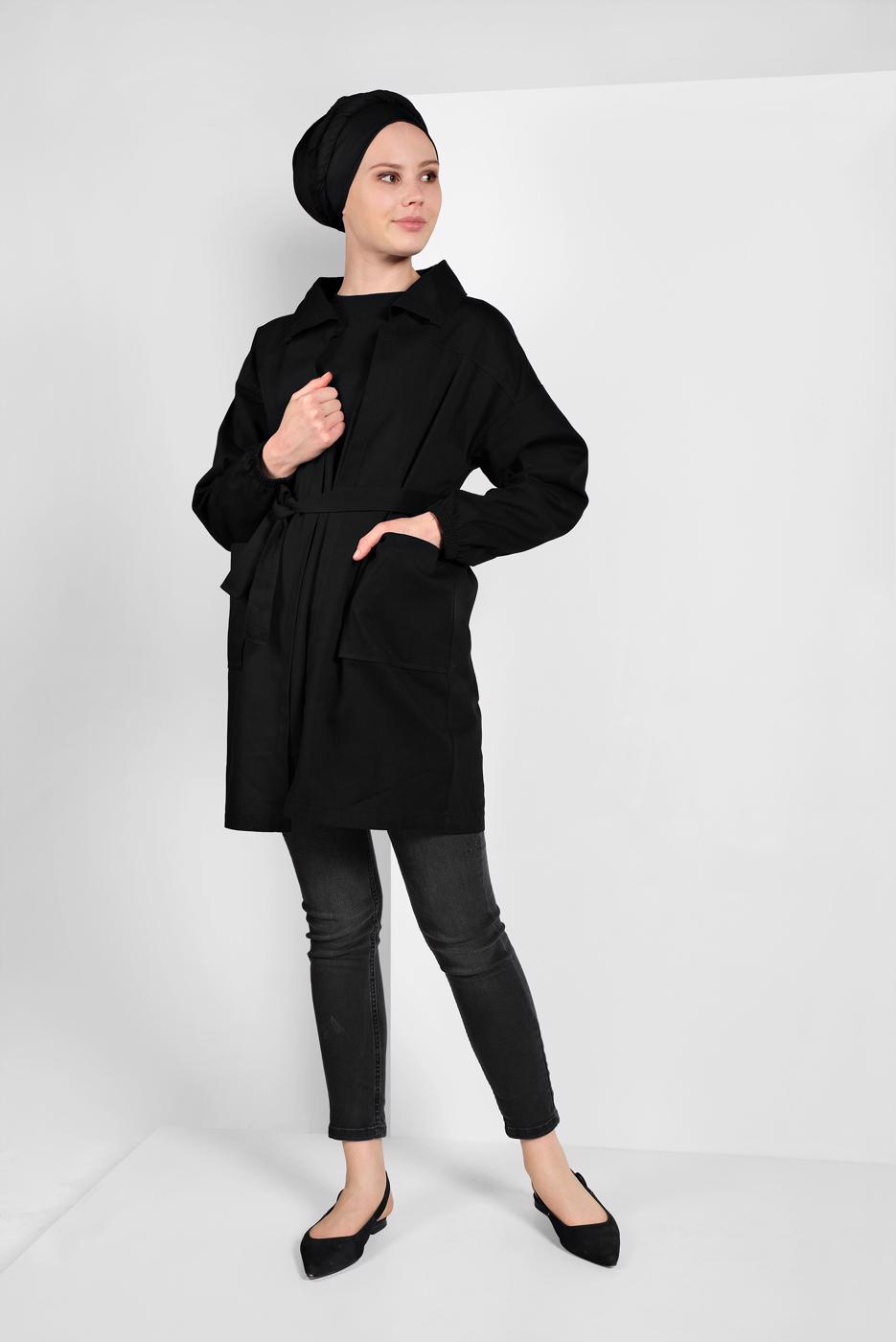 Tesettür giyim SİYAH KUŞAKLI PAMUKLU TRENÇKOT 88107