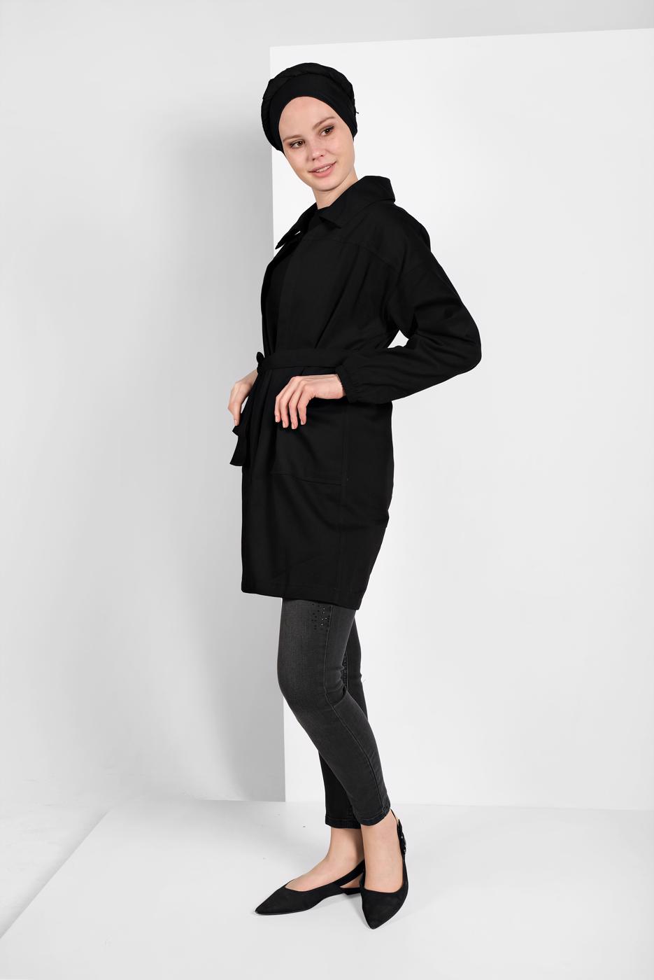 Tesettür giyim SİYAH KUŞAKLI PAMUKLU TRENÇKOT 88107
