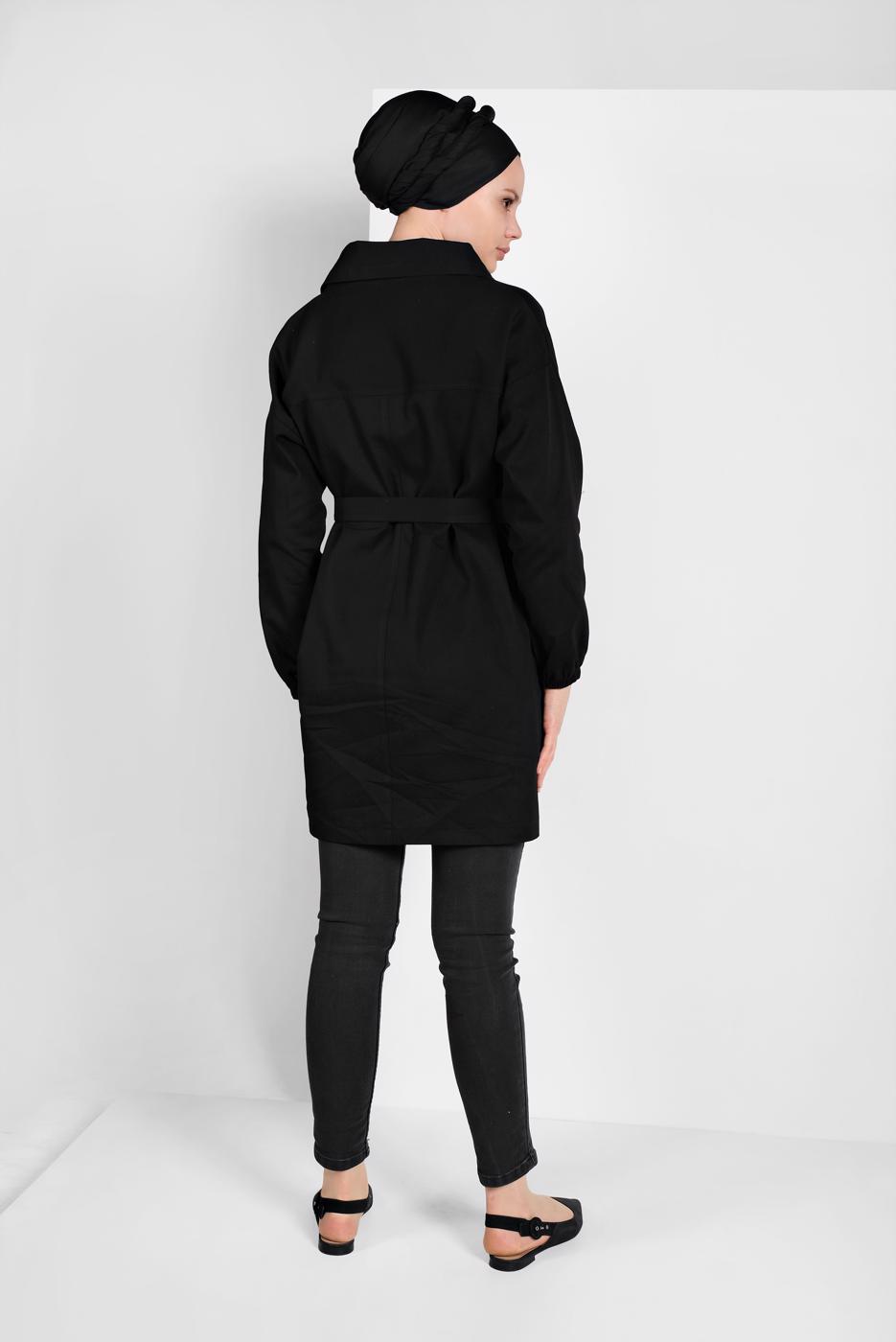 Tesettür giyim SİYAH KUŞAKLI PAMUKLU TRENÇKOT 88107