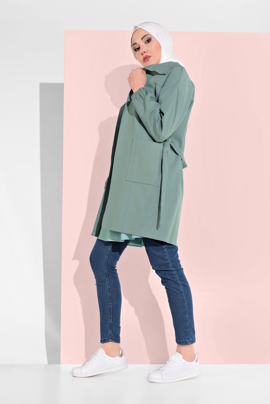 Tesettür giyim YEŞİL KUŞAKLI PAMUKLU TRENÇKOT 88107