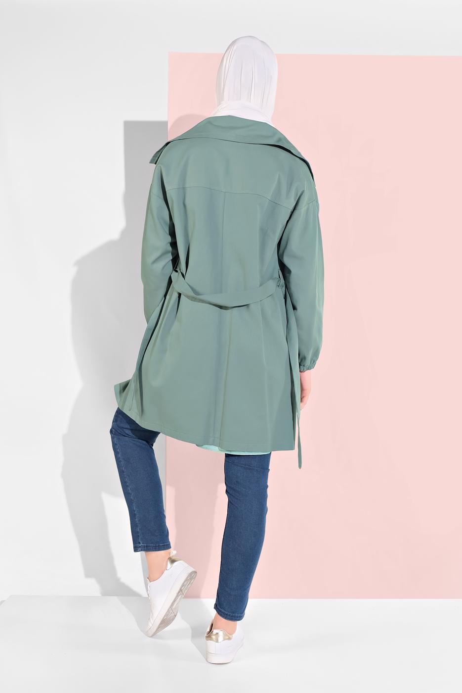 Tesettür giyim YEŞİL KUŞAKLI PAMUKLU TRENÇKOT 88107