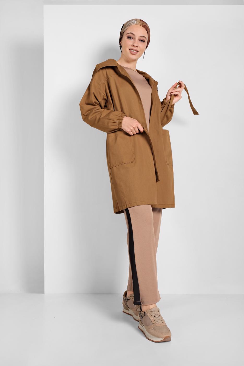 Tesettür giyim TABA KUŞAKLI PAMUKLU TRENÇKOT 88107