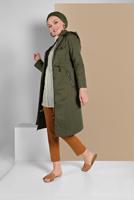 Tesettür giyim HAKİ BELDEN BÜZGÜLÜ KAPÜŞONLU TRENÇKOT 23