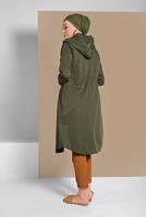 Tesettür giyim HAKİ BELDEN BÜZGÜLÜ KAPÜŞONLU TRENÇKOT 23