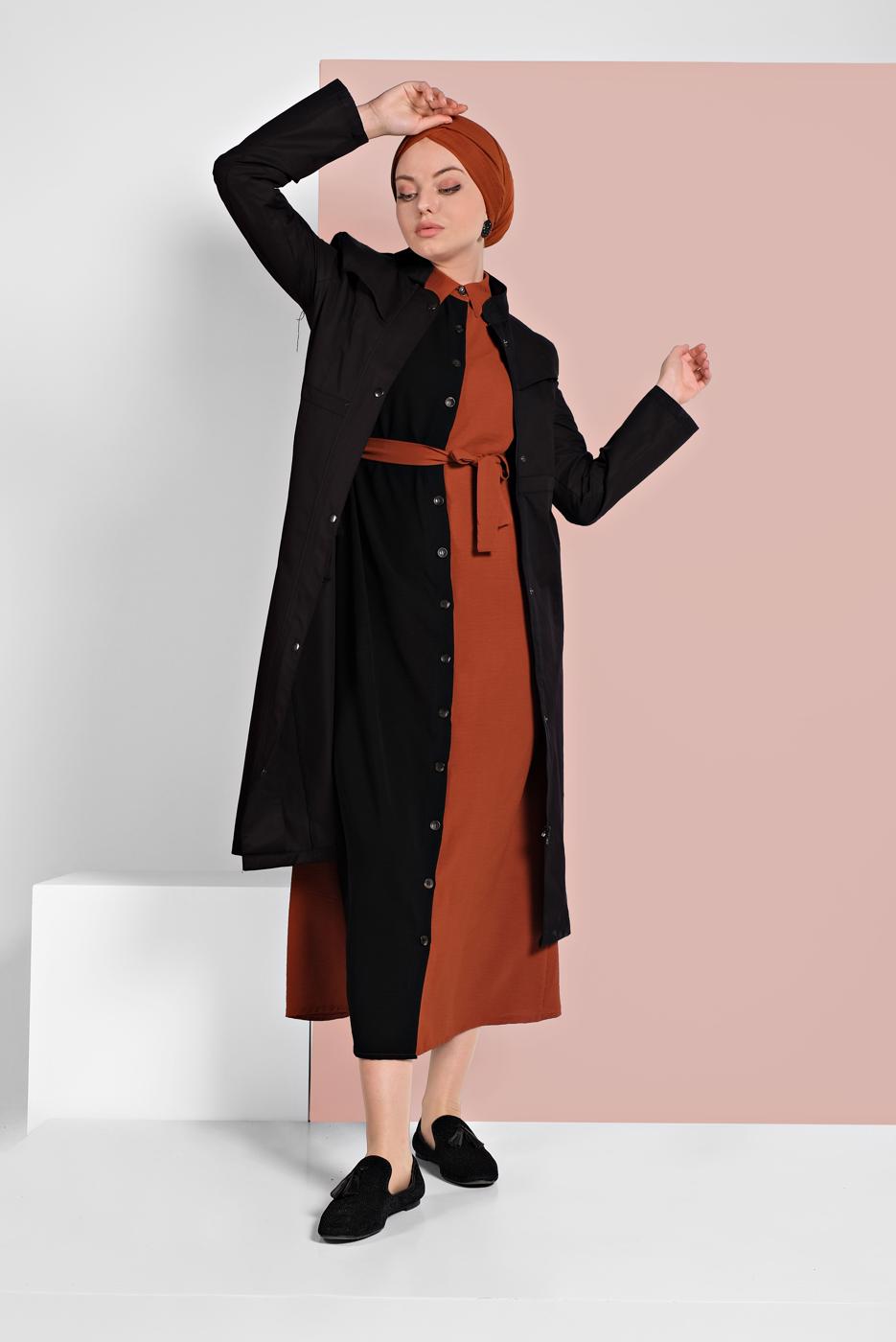 Hijab clothing BLACK HIDDEN BUTTONED TRENCH-COAT 76