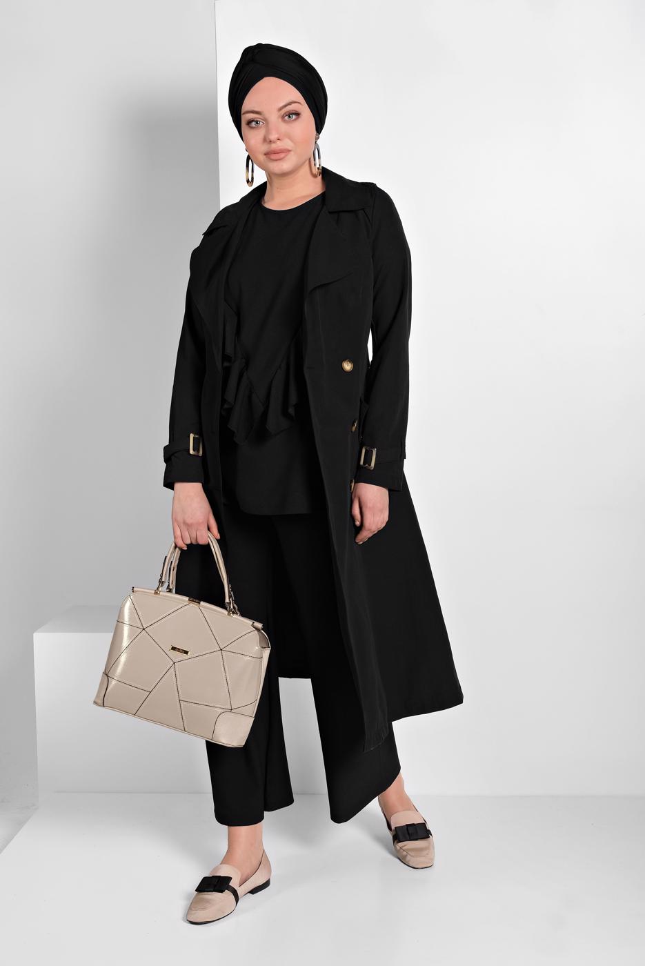 Tesettür giyim SİYAH KLASİK KESİM KEMERLİ TRENÇKOT 86 