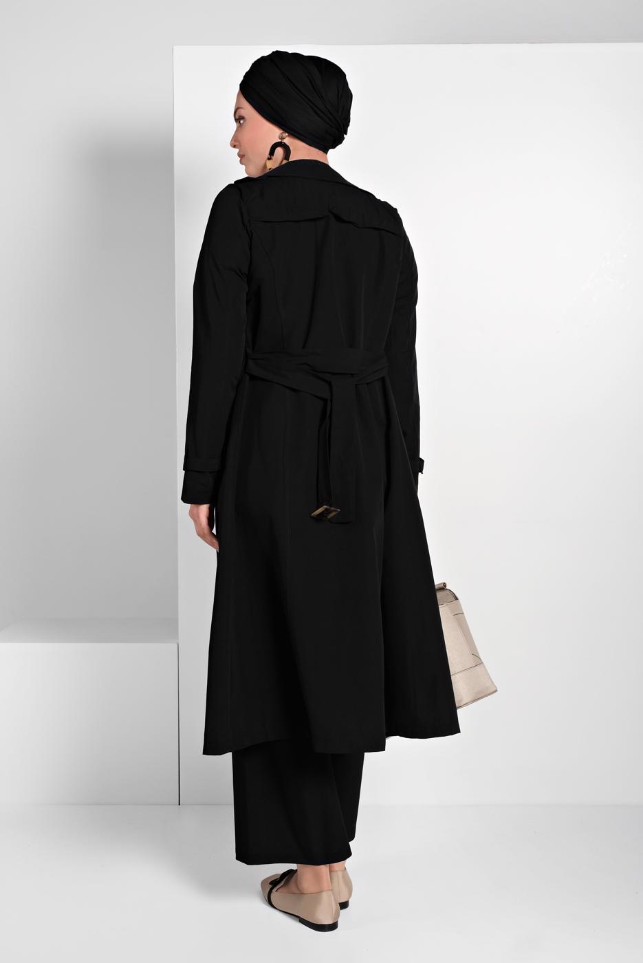 Tesettür giyim SİYAH KLASİK KESİM KEMERLİ TRENÇKOT 86 