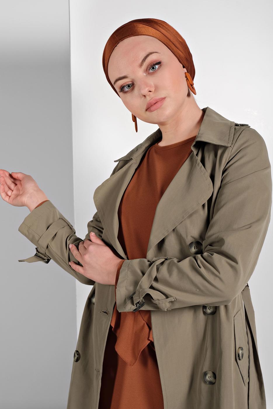 Tesettür giyim YEŞİL KLASİK KESİM KEMERLİ TRENÇKOT 86 