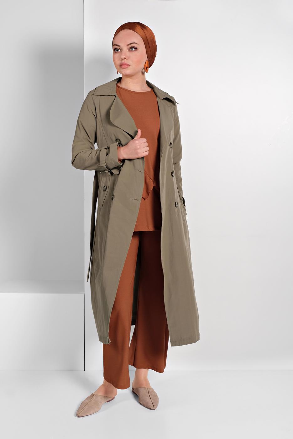 Tesettür giyim YEŞİL KLASİK KESİM KEMERLİ TRENÇKOT 86 