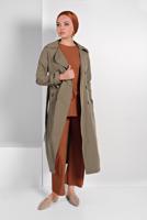 Tesettür giyim YEŞİL KLASİK KESİM KEMERLİ TRENÇKOT 86 