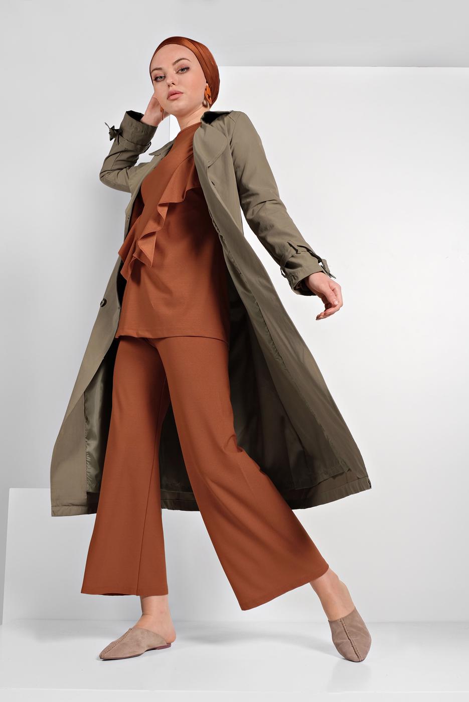 Tesettür giyim YEŞİL KLASİK KESİM KEMERLİ TRENÇKOT 86 