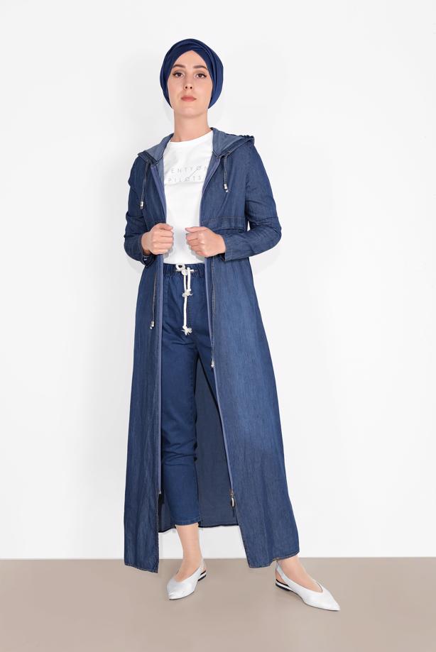 Hijab clothing  SMOCKED-WAIST DENIM TRENCH-COAT  801  - TRENDTESETTÜR