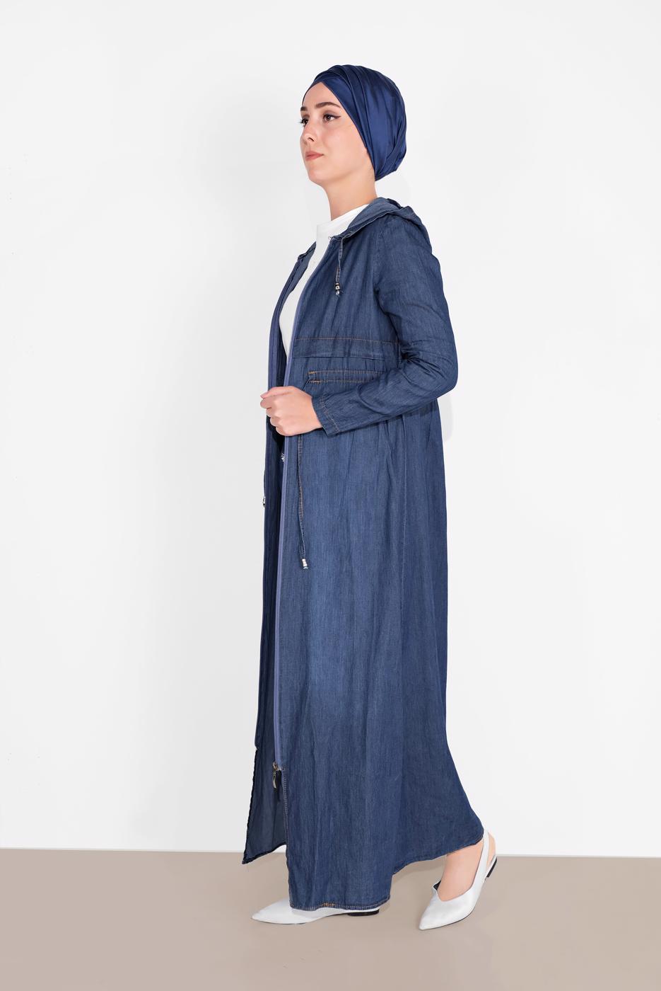 Hijab clothing NAVY BLUE SMOCKED-WAIST DENIM TRENCH-COAT  801
