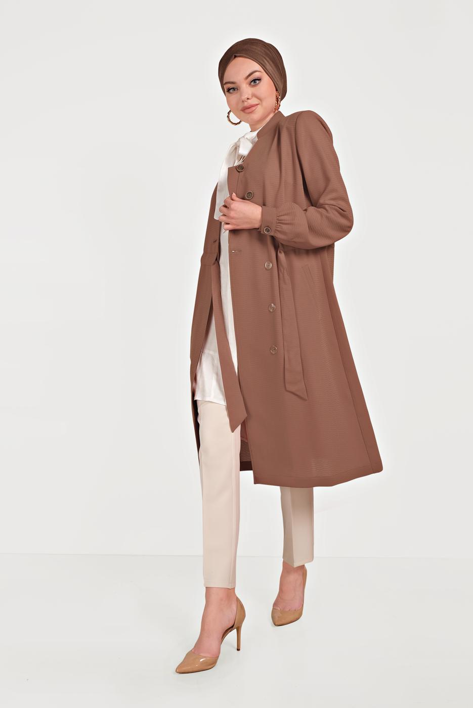 Tesettür giyim KAHVE ALVİNA DÜĞMELİ TRENÇKOT 10171 