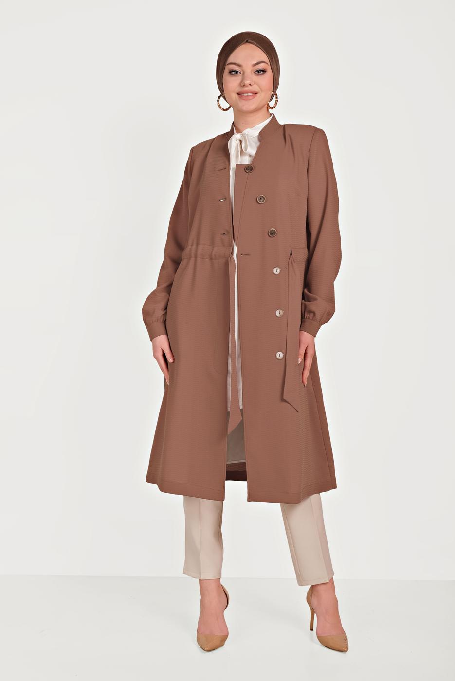 Tesettür giyim KAHVE ALVİNA DÜĞMELİ TRENÇKOT 10171 