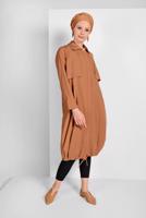 Tesettür giyim KAHVE ETEK UCU LASTİKLİ TRENÇKOT 1403