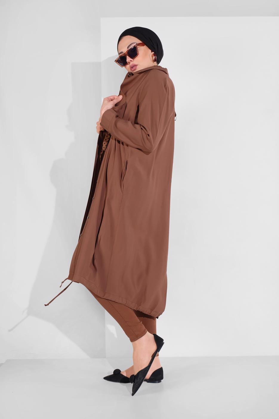 Tesettür giyim KAHVE ETEK UCU LASTİKLİ TRENÇKOT 1403