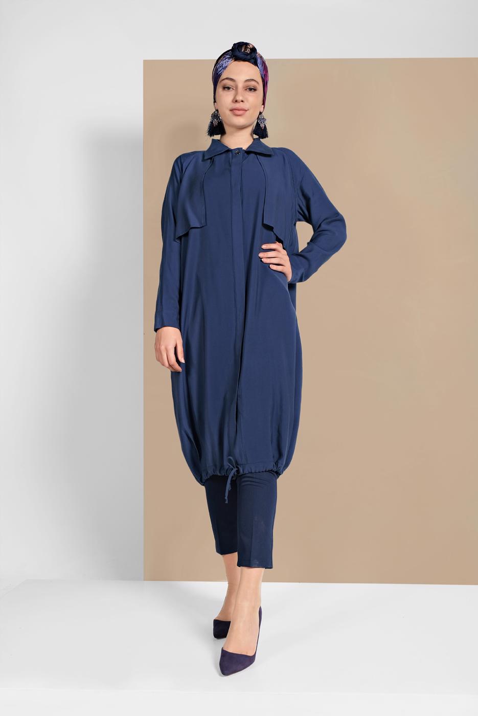 Tesettür giyim LACİVERT ETEK UCU LASTİKLİ TRENÇKOT 1403