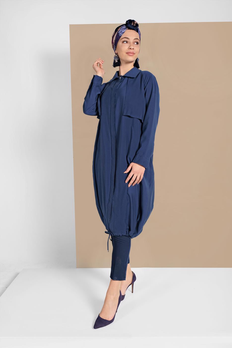Tesettür giyim LACİVERT ETEK UCU LASTİKLİ TRENÇKOT 1403