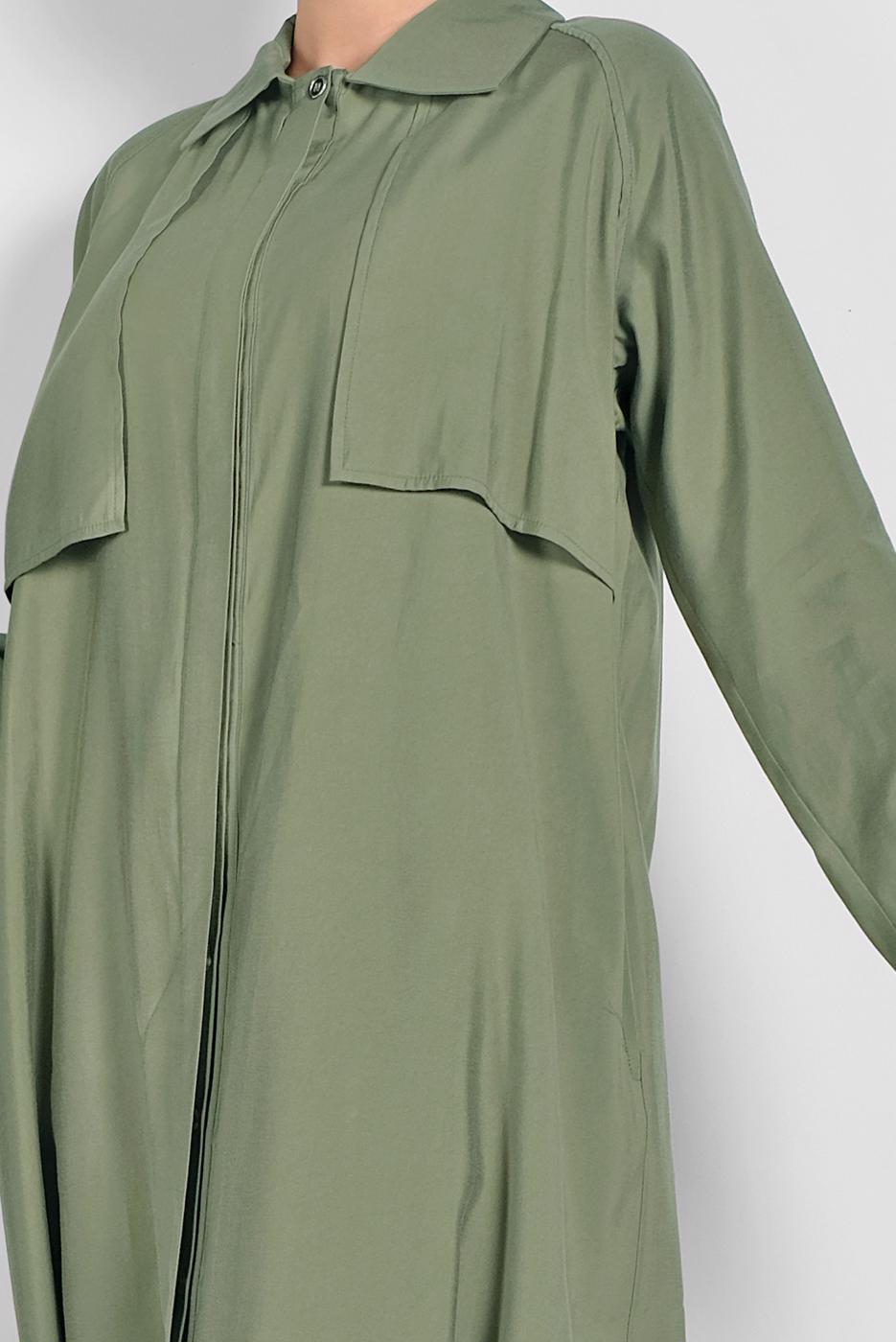 Tesettür giyim YEŞİL ETEK UCU LASTİKLİ TRENÇKOT 1403