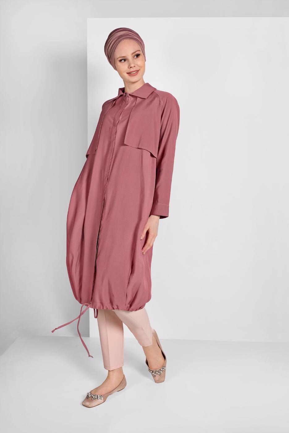 Tesettür giyim TURUNCU ETEK UCU LASTİKLİ TRENÇKOT 1403