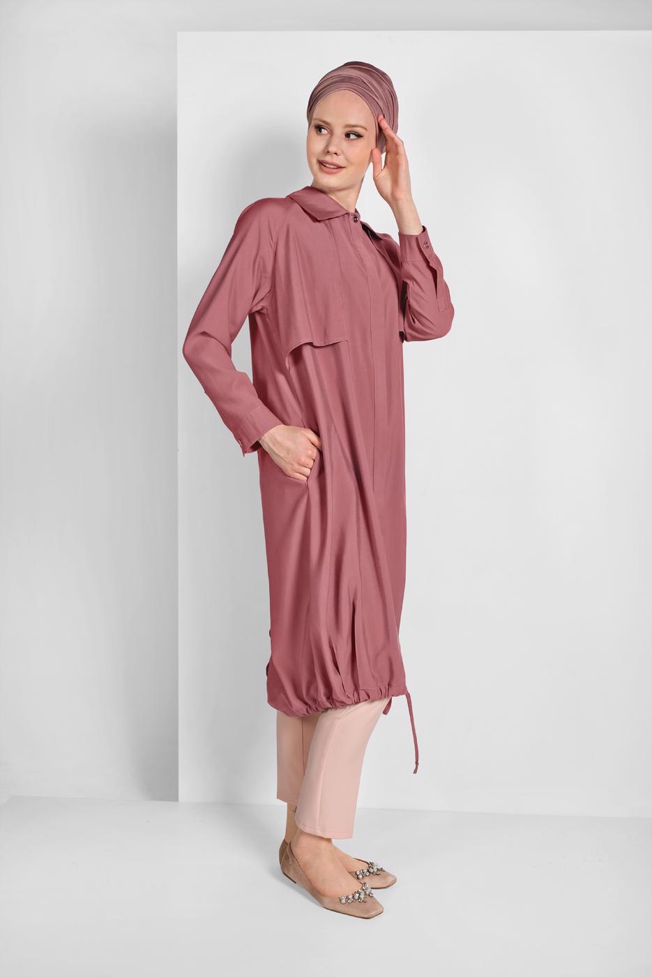 Tesettür giyim TURUNCU ETEK UCU LASTİKLİ TRENÇKOT 1403