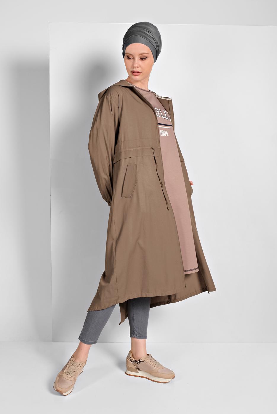 Tesettür giyim VİZON BELİ BÜZGÜLÜ TRENÇKOT 2403