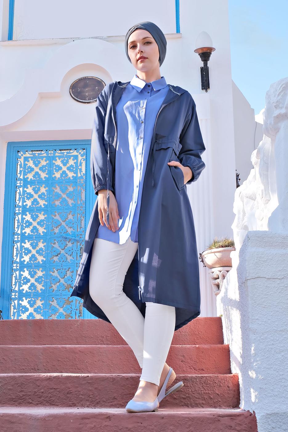 Tesettür giyim LACİVERT BELİ BÜZGÜLÜ TRENÇKOT 2403