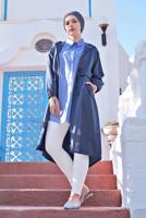 Tesettür giyim LACİVERT BELİ BÜZGÜLÜ TRENÇKOT 2403