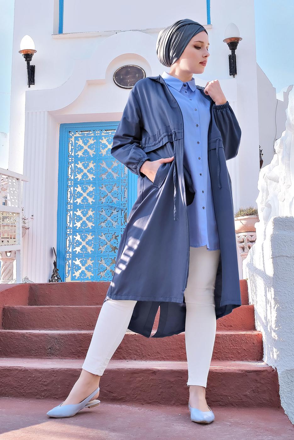 Tesettür giyim LACİVERT BELİ BÜZGÜLÜ TRENÇKOT 2403