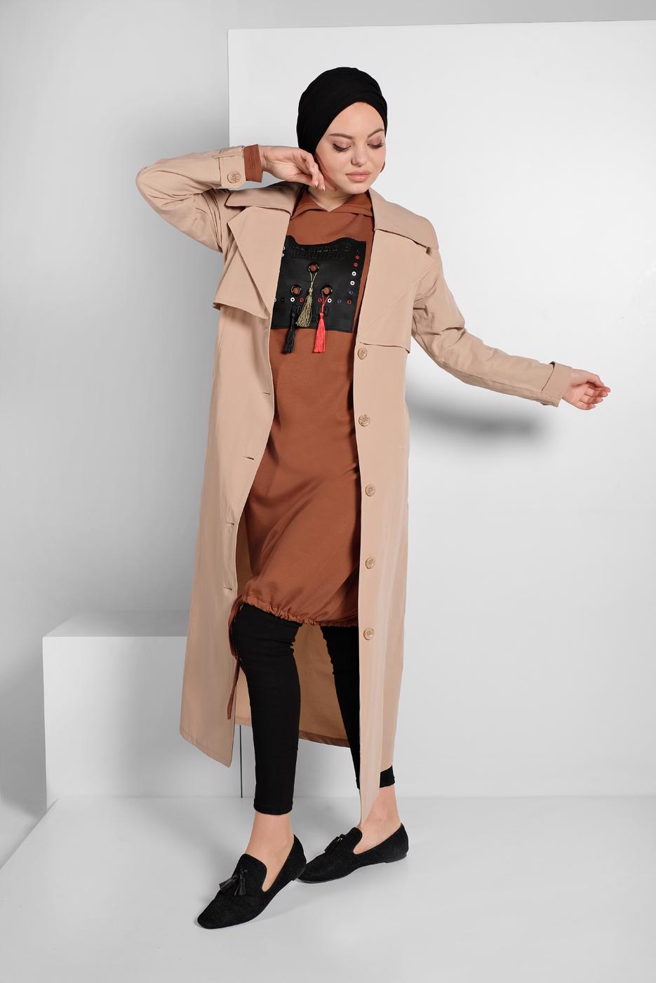 Tesettür giyim BEJ BELDEN KUŞAKLI DÜĞMELİ TRENÇKOT 2856