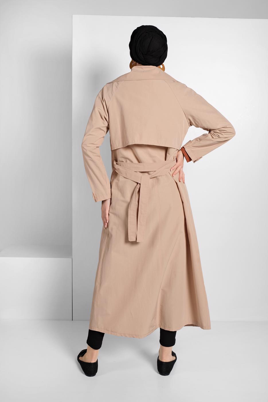 Tesettür giyim BEJ BELDEN KUŞAKLI DÜĞMELİ TRENÇKOT 2856
