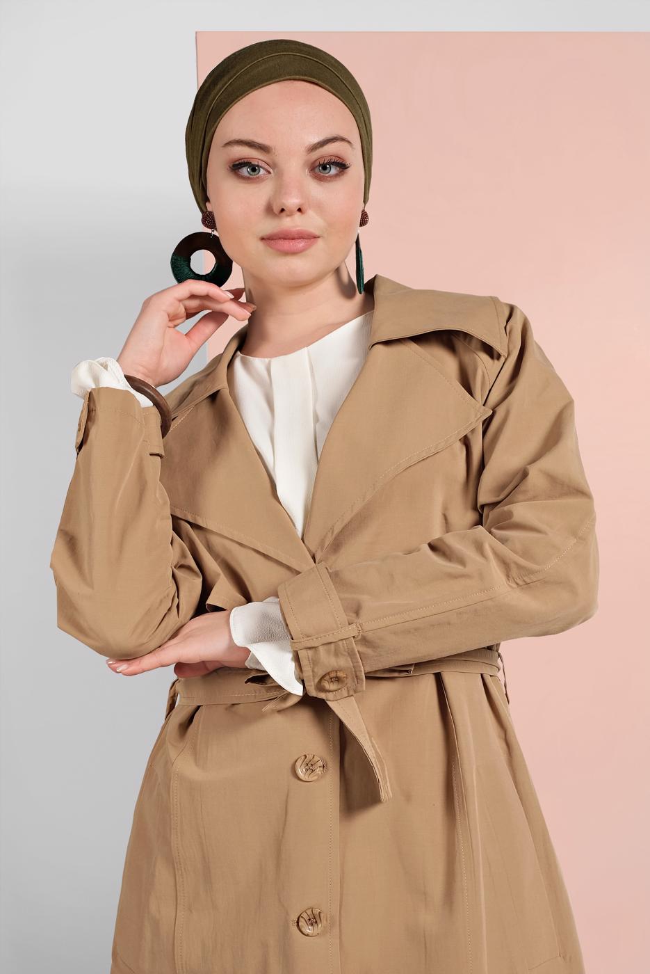 Tesettür giyim KAHVE BELDEN KUŞAKLI DÜĞMELİ TRENÇKOT 2856