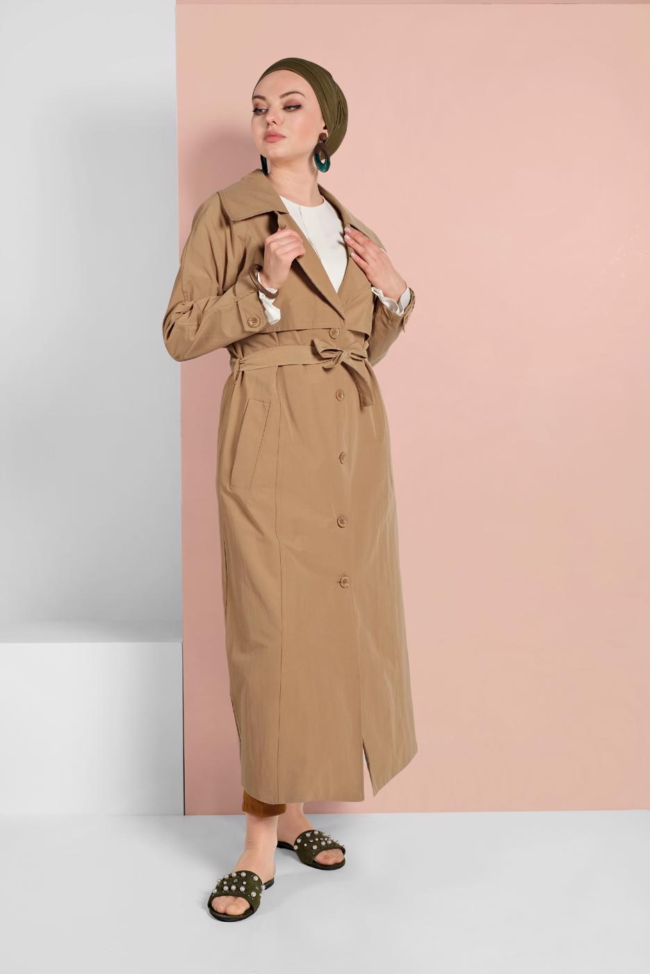 Tesettür giyim KAHVE BELDEN KUŞAKLI DÜĞMELİ TRENÇKOT 2856