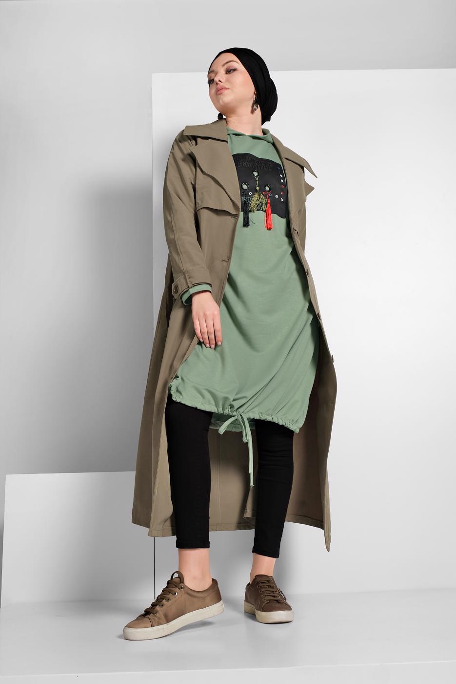 Tesettür giyim HAKİ BELDEN KUŞAKLI DÜĞMELİ TRENÇKOT 2856