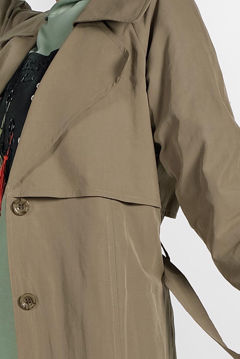 Tesettür giyim HAKİ BELDEN KUŞAKLI DÜĞMELİ TRENÇKOT 2856