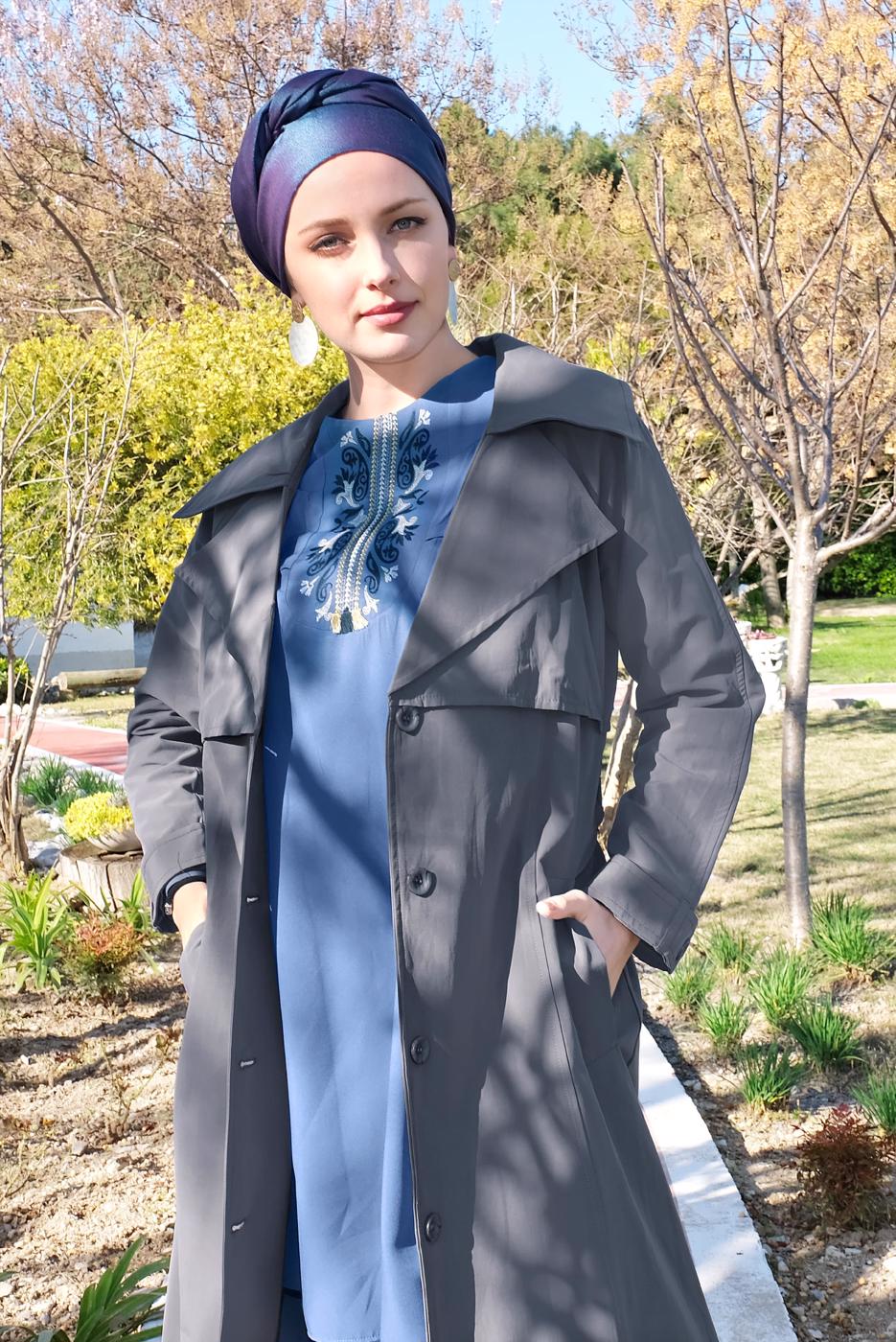 Hijab clothing GREY BELTED BUTTONED TRENCH-COAT 2856 