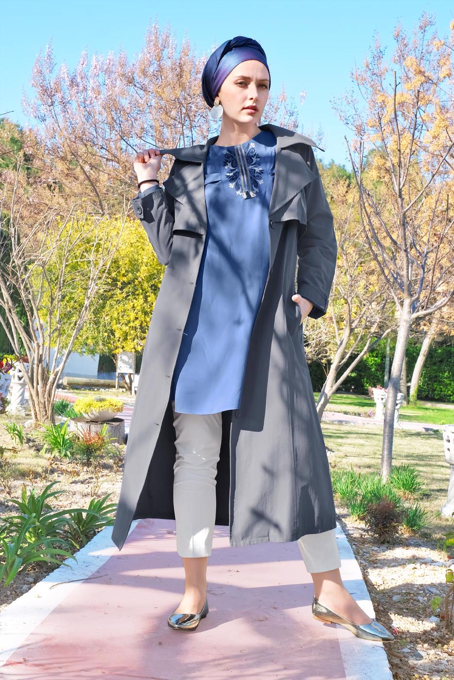 Hijab clothing GREY BELTED BUTTONED TRENCH-COAT 2856 