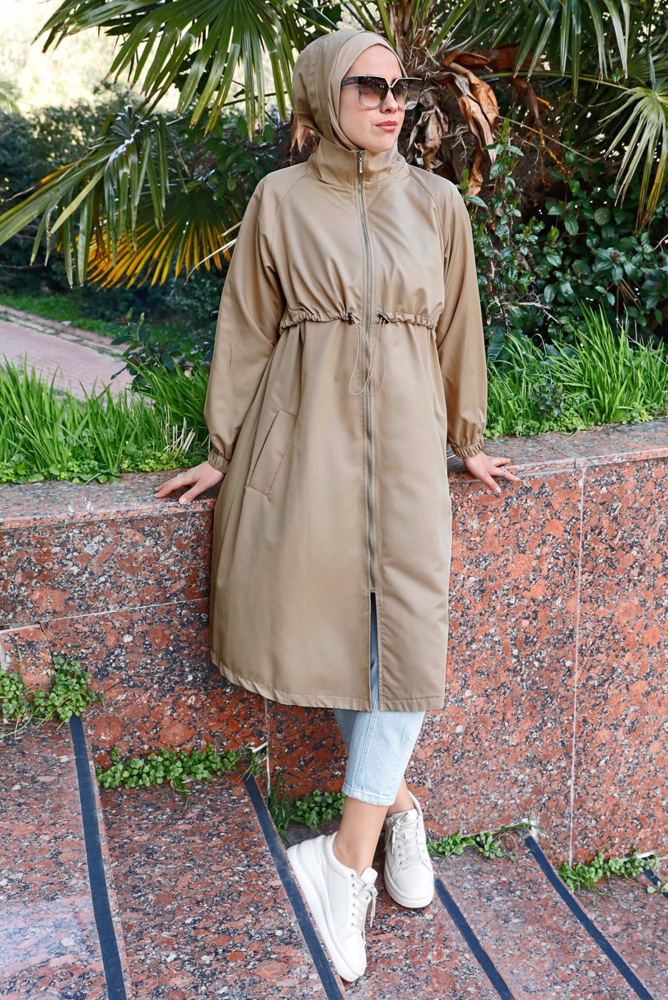 Tesettür giyim KAHVE BELİ BÜZGÜLÜ TRENÇKOT 5956