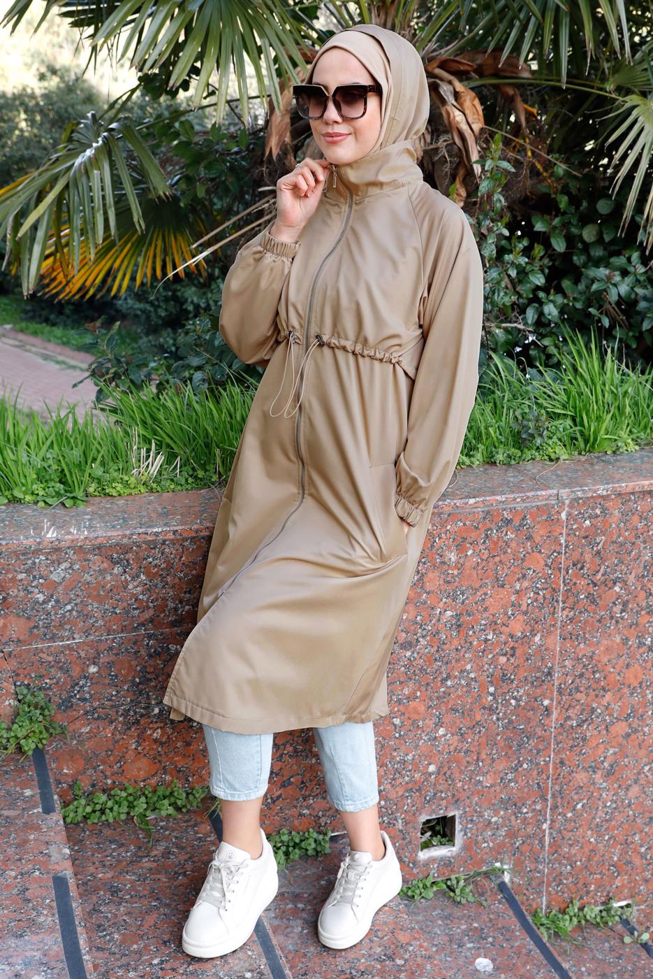 Tesettür giyim KAHVE BELİ BÜZGÜLÜ TRENÇKOT 5956