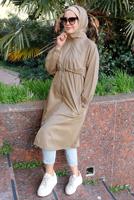 Tesettür giyim KAHVE BELİ BÜZGÜLÜ TRENÇKOT 5956