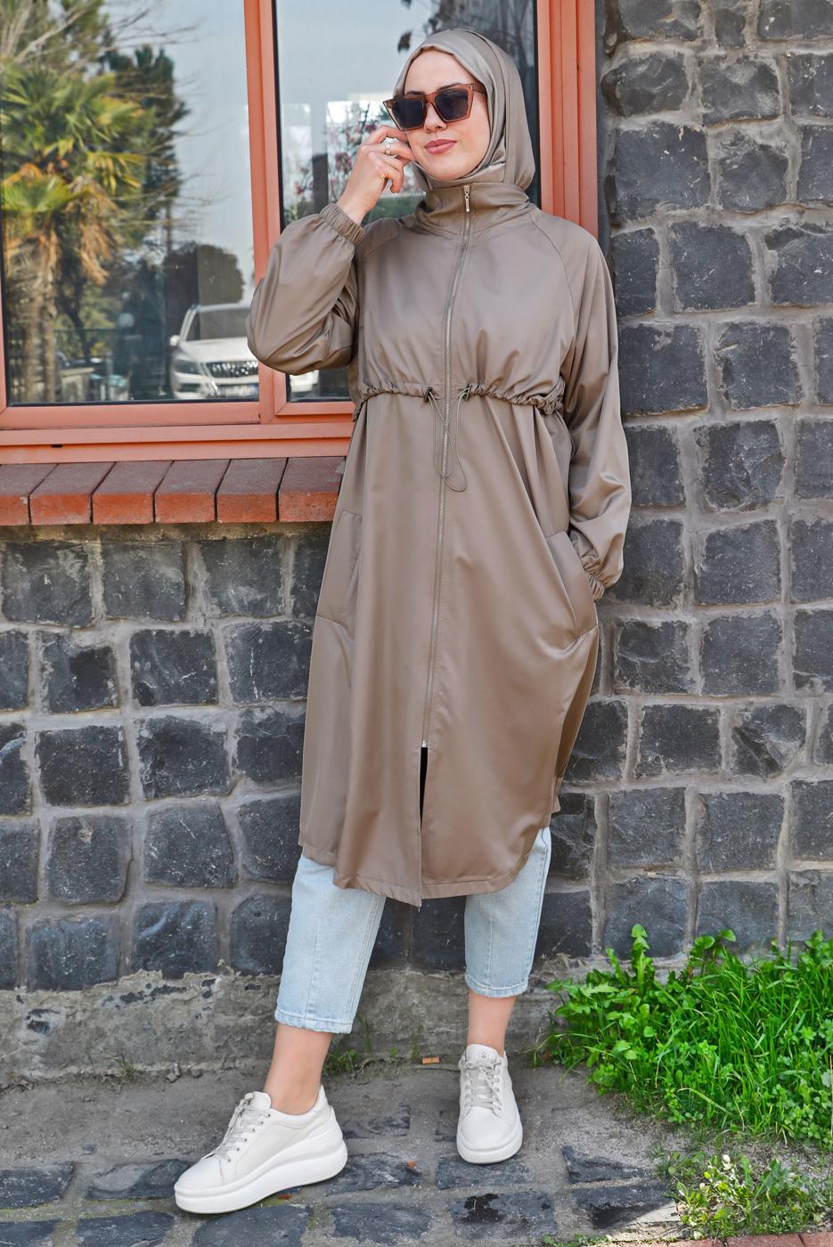 Tesettür giyim VİZON BELİ BÜZGÜLÜ TRENÇKOT 5956