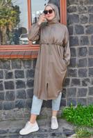 Tesettür giyim VİZON BELİ BÜZGÜLÜ TRENÇKOT 5956