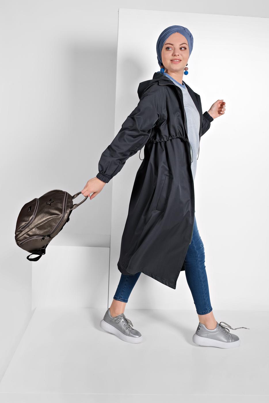 Tesettür giyim GRİ BELİ BÜZGÜLÜ TRENÇKOT 5956