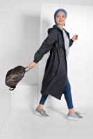 Tesettür giyim GRİ BELİ BÜZGÜLÜ TRENÇKOT 5956