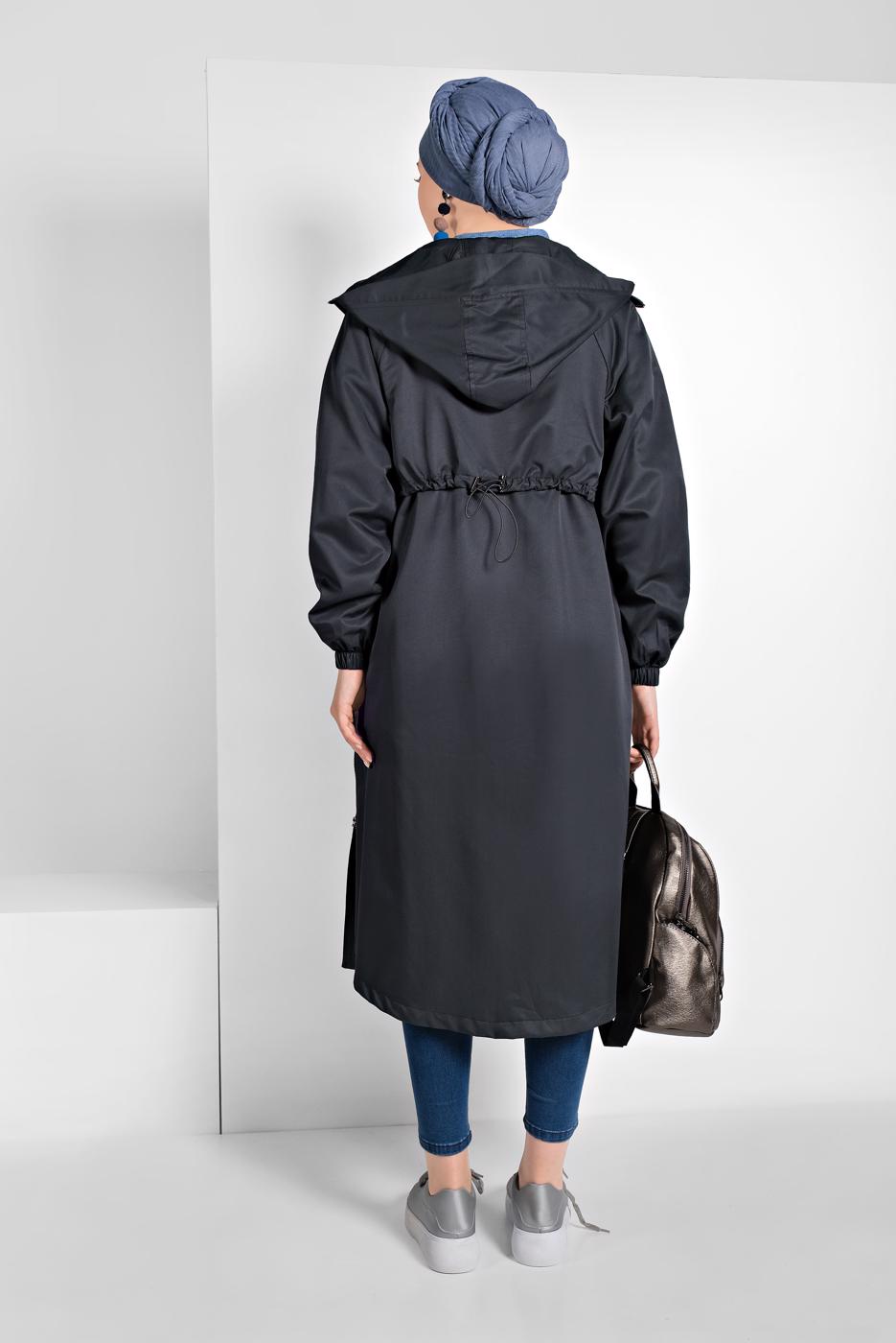 Tesettür giyim GRİ BELİ BÜZGÜLÜ TRENÇKOT 5956