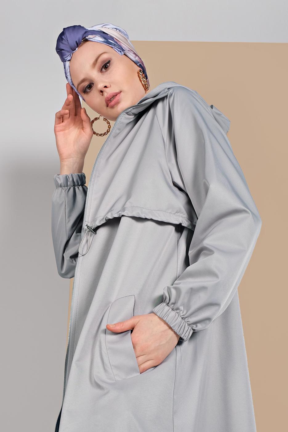 Tesettür giyim BEJ BELİ BÜZGÜLÜ TRENÇKOT 5956