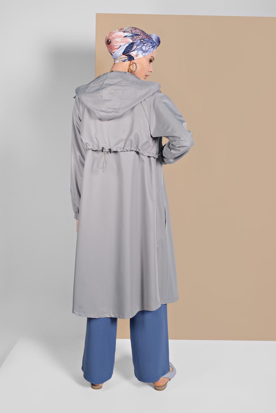 Tesettür giyim BEJ BELİ BÜZGÜLÜ TRENÇKOT 5956